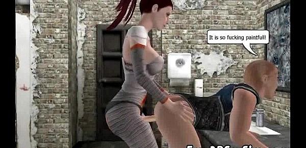  3D cartoon lesbian getting fucked with a strap on